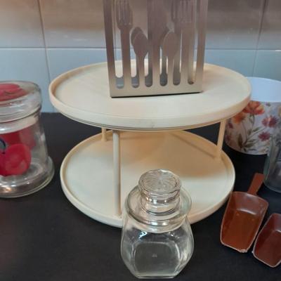 Kitchen canisters, metal napkin holder, organizer and more