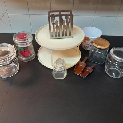 Kitchen canisters, metal napkin holder, organizer and more