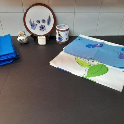 Tonala hand painted plate / trivet, Talavera Pottery Bird mug, toothpick holder, and Linen dishcloths