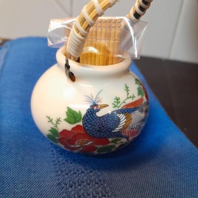 Tonala hand painted plate / trivet, Talavera Pottery Bird mug, toothpick holder, and Linen dishcloths
