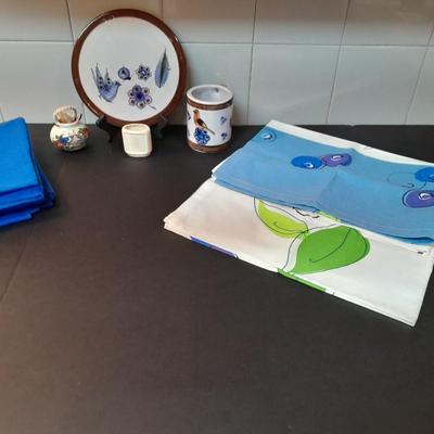 Tonala hand painted plate / trivet, Talavera Pottery Bird mug, toothpick holder, and Linen dishcloths