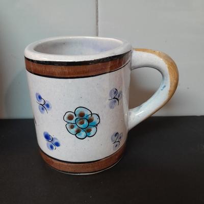 Tonala hand painted plate / trivet, Talavera Pottery Bird mug, toothpick holder, and Linen dishcloths