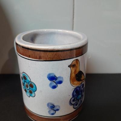 Tonala hand painted plate / trivet, Talavera Pottery Bird mug, toothpick holder, and Linen dishcloths