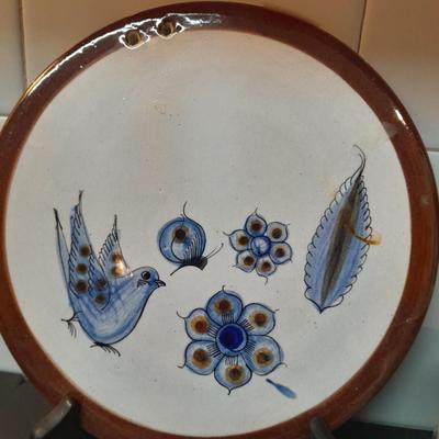 Tonala hand painted plate / trivet, Talavera Pottery Bird mug, toothpick holder, and Linen dishcloths