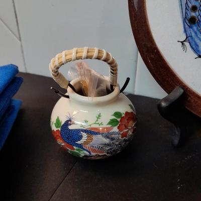 Tonala hand painted plate / trivet, Talavera Pottery Bird mug, toothpick holder, and Linen dishcloths
