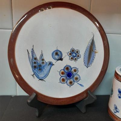 Tonala hand painted plate / trivet, Talavera Pottery Bird mug, toothpick holder, and Linen dishcloths