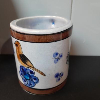Tonala hand painted plate / trivet, Talavera Pottery Bird mug, toothpick holder, and Linen dishcloths