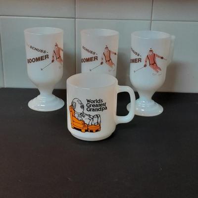 Three vintage Schuss-Boomer hot Dr. Pepper Bacardi Rum glass mugs and a World's Greatest Grandpa Glass bake mug