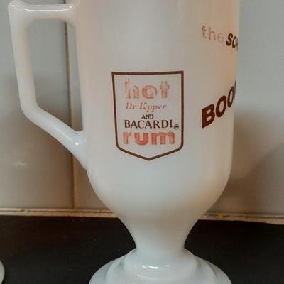 Three vintage Schuss-Boomer hot Dr. Pepper Bacardi Rum glass mugs and a World's Greatest Grandpa Glass bake mug