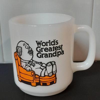 Three vintage Schuss-Boomer hot Dr. Pepper Bacardi Rum glass mugs and a World's Greatest Grandpa Glass bake mug