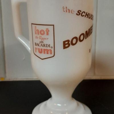 Three vintage Schuss-Boomer hot Dr. Pepper Bacardi Rum glass mugs and a World's Greatest Grandpa Glass bake mug
