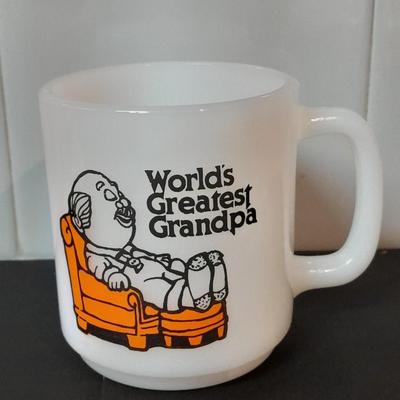 Three vintage Schuss-Boomer hot Dr. Pepper Bacardi Rum glass mugs and a World's Greatest Grandpa Glass bake mug