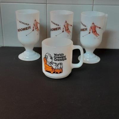 Three vintage Schuss-Boomer hot Dr. Pepper Bacardi Rum glass mugs and a World's Greatest Grandpa Glass bake mug