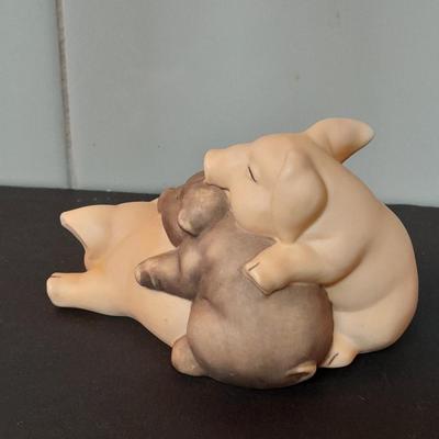 Pig salt and pepper shakers, porcelain pig figure, and Enesco Three sleeping pigs