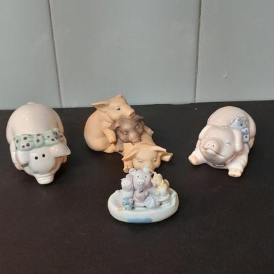 Pig salt and pepper shakers, porcelain pig figure, and Enesco Three sleeping pigs