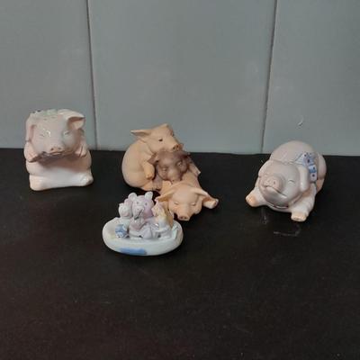 Pig salt and pepper shakers, porcelain pig figure, and Enesco Three sleeping pigs