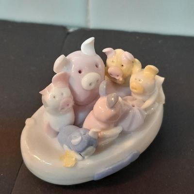 Pig salt and pepper shakers, porcelain pig figure, and Enesco Three sleeping pigs