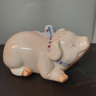 Pig salt and pepper shakers, porcelain pig figure, and Enesco Three sleeping pigs