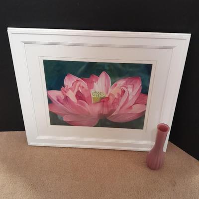 White Framed Pink Lotus flower wall art with pink colored vase