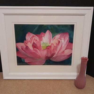 White Framed Pink Lotus flower wall art with pink colored vase