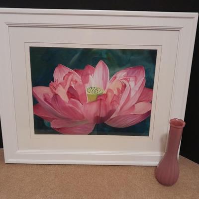 White Framed Pink Lotus flower wall art with pink colored vase