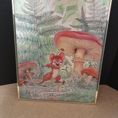 Fairy Tale framed wall art Colorful and fun golfing mouse with mushroom