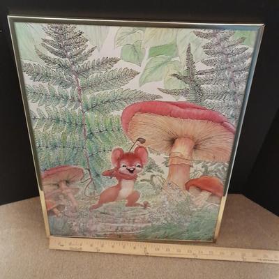 Fairy Tale framed wall art Colorful and fun golfing mouse with mushroom