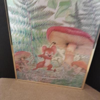 Fairy Tale framed wall art Colorful and fun golfing mouse with mushroom