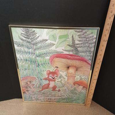 Fairy Tale framed wall art Colorful and fun golfing mouse with mushroom