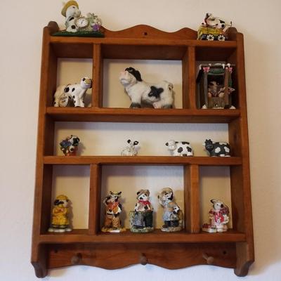 WOODEN WALL SHELF WITH COW FIGURINES