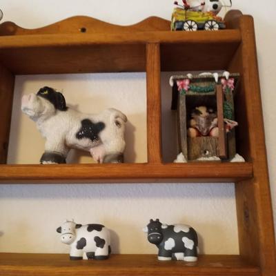 WOODEN WALL SHELF WITH COW FIGURINES