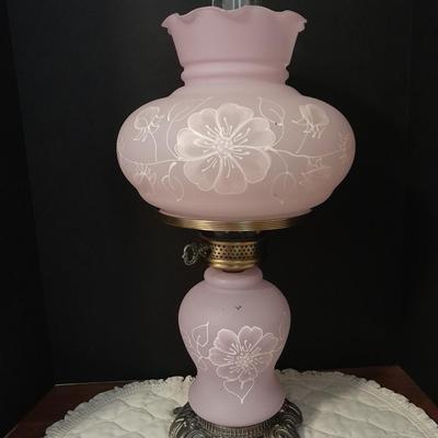 Vintage 21"" Parlor Hurricane table Lamp 3 Way Frosted White Roses Shabby Chic 2 of 2