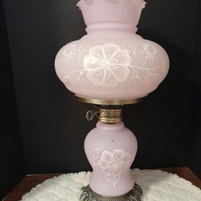 Vintage 21"" Parlor Hurricane table Lamp 3 Way Frosted White Roses Shabby Chic 2 of 2
