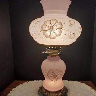 Vintage 21"" Parlor Hurricane table Lamp 3 Way Frosted White Roses Shabby Chic 2 of 2