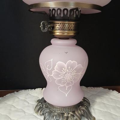 Vintage 21"" Parlor Hurricane table Lamp 3 Way Frosted White Roses Shabby Chic 2 of 2