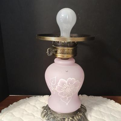 Vintage 21"" Parlor Hurricane table Lamp 3 Way Frosted White Roses Shabby Chic 2 of 2