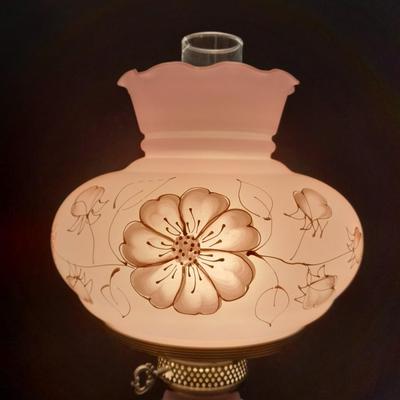 Vintage 21"" Parlor Hurricane table Lamp 3 Way Frosted White Roses Shabby Chic 2 of 2