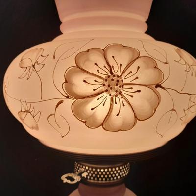 Vintage 21"" Parlor Hurricane table Lamp 3 Way Frosted White Roses Shabby Chic 2 of 2