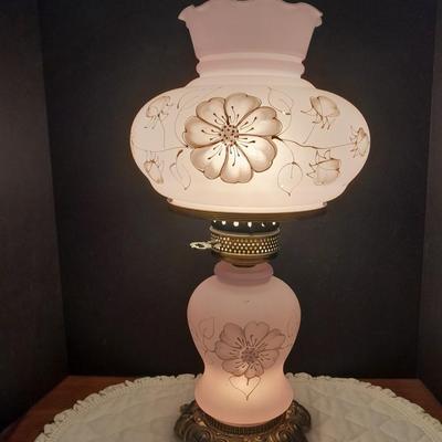 Vintage 21"" Parlor Hurricane table Lamp 3 Way Frosted White Roses Shabby Chic 2 of 2