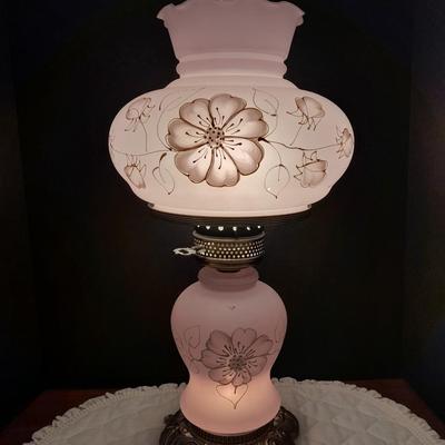 Vintage 21"" Parlor Hurricane table Lamp 3 Way Frosted White Roses Shabby Chic 2 of 2