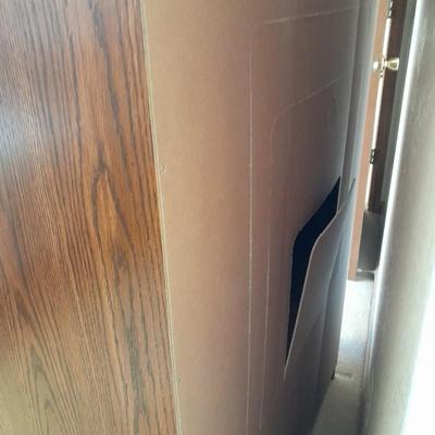 Tall wardrobe / storage cabinet with shelves inside doors and two drawers