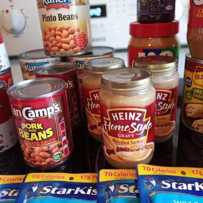 CANNED CHICKEN NOODLE SOUP-PINTO BEANS-PEANUT BUTTER-TUNA PACKETS AND MORE