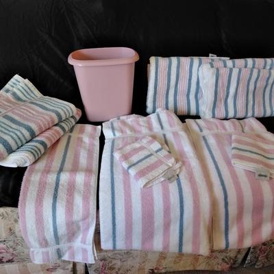 Home & Stevens brand Pink & Blue Striped towels with Pink waste can