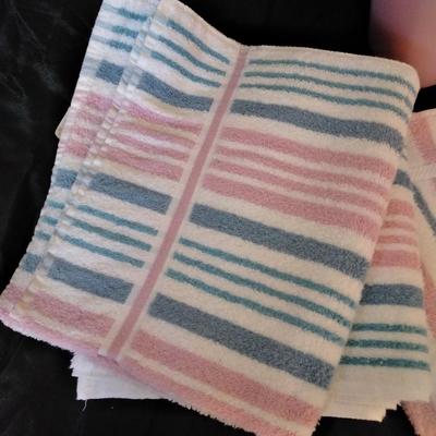 Home & Stevens brand Pink & Blue Striped towels with Pink waste can