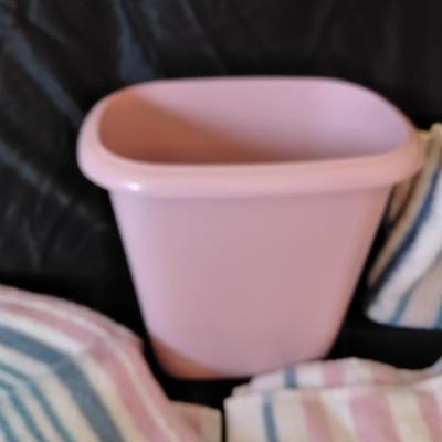 Home & Stevens brand Pink & Blue Striped towels with Pink waste can