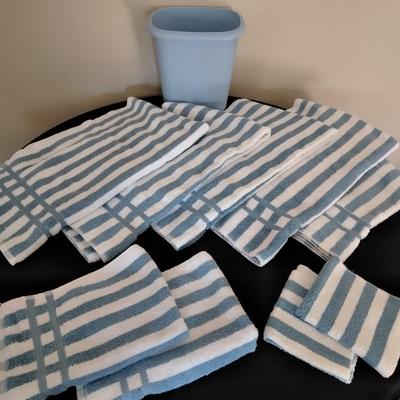 Cannon Blue and white striped towels with a blue waste can