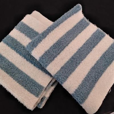 Cannon Blue and white striped towels with a blue waste can