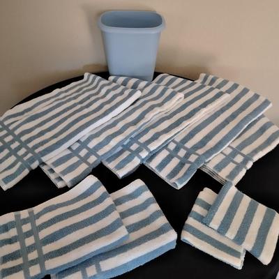 Cannon Blue and white striped towels with a blue waste can
