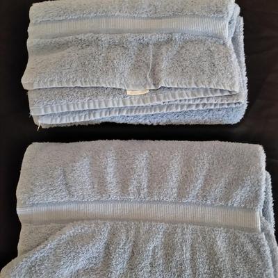 Two throw rugs, two towels and a toothbrush holder