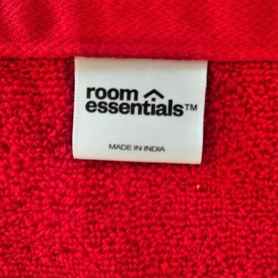 Red room essential bath towels, white washcloths with Lady bug themed massager